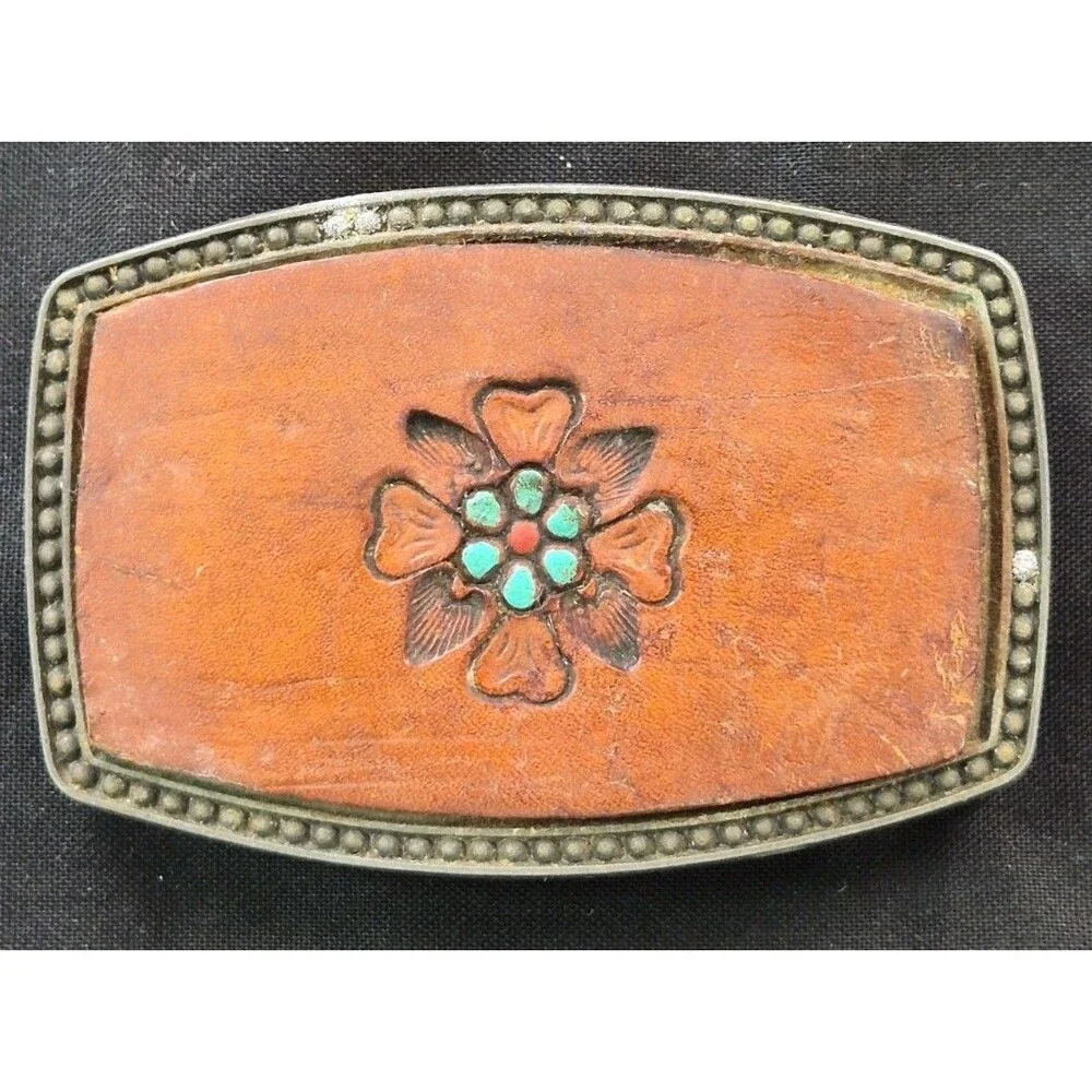Vtg Southwestern Style Tooled Leather Inlay Belt Buckle Alumaline 4108